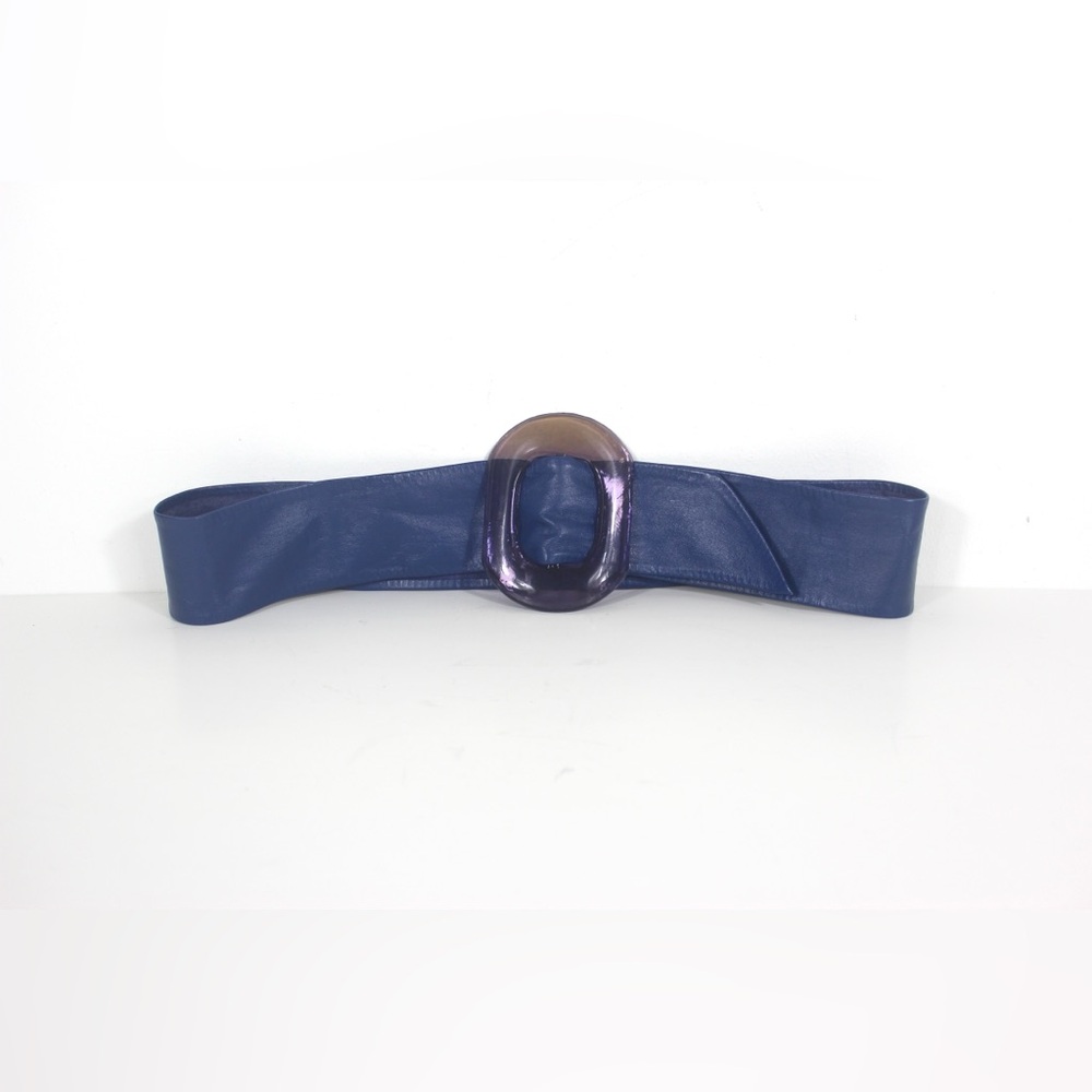 80’s Thin Wide Blue Leather Sash wrap Belt with a Large Purple Buckle
